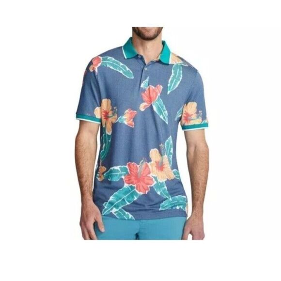 Chubbies Polo Shirt Mens Medium Blue Floral Tropical Hawaiian Hibiscus Flower - Picture 1 of 6
